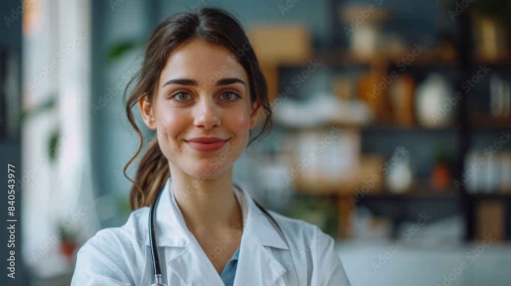 An elegant brunette doctor wears a white coat in a well-lit office, smiling confidently