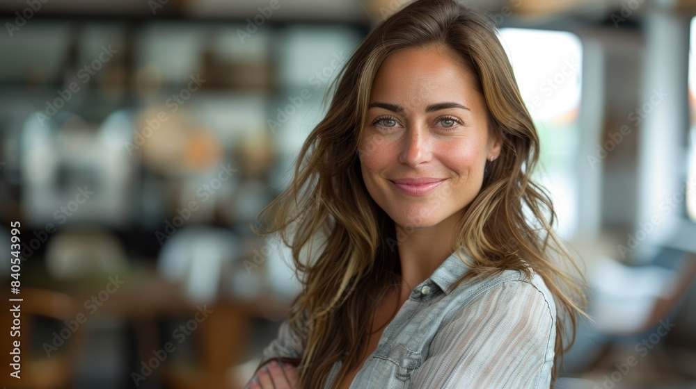 An image of an assured businesswoman grinning and crossing her arms