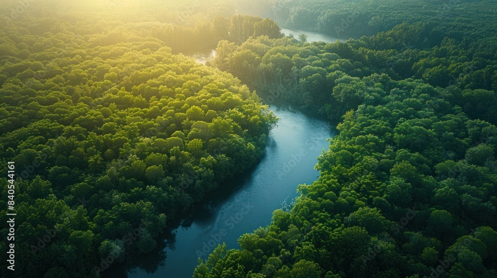 Breathtaking aerial view of a lush verdant forest with towering trees and a winding river flowing through the landscape  Dappled sunlight filters through the dense canopy