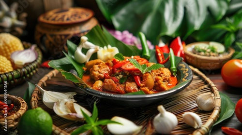 Traditional Thai cuisine  served on a plate with fresh ingredients and herbs