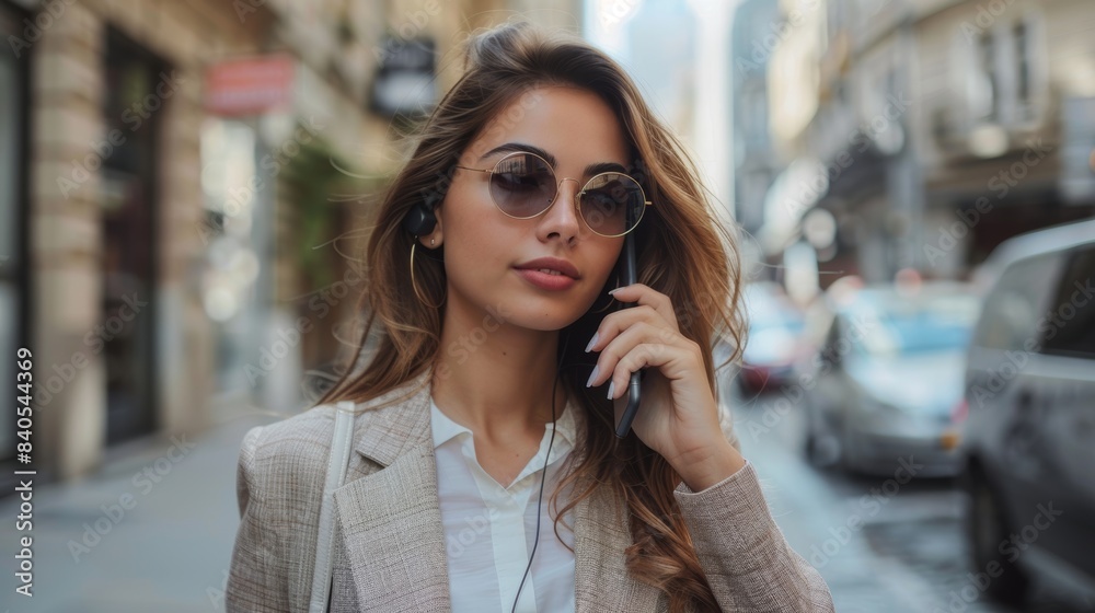 Standing against an open street, a businesswoman talks on the phone Standing against an open street, a businesswoman talks on the phone