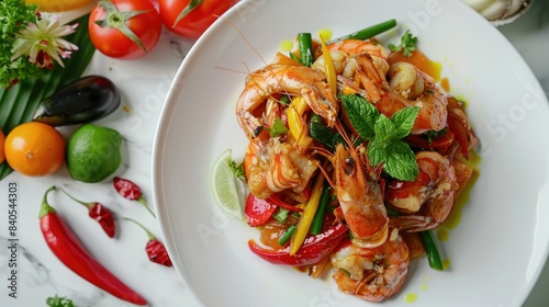 Traditional Thai dish, served on a white plate, with vibrant colors and fresh ingredients