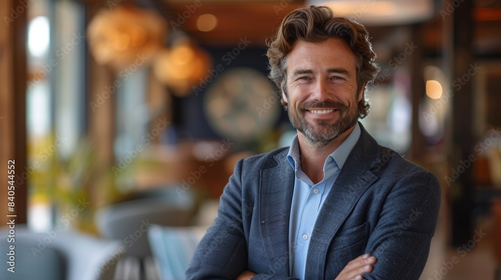 An ai-generated portrait of a professional businessman or manager smiling at his desk with his arms crossed An ai-generated portrait of a professional businessman or manager smiling at his desk with his arms crossed