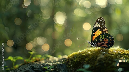 Tropical butterfly on mossy rock, drinking droplets, with a muted forest bokeh and sunlight dappling its wings. photo