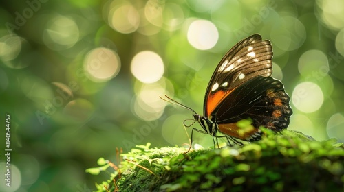 Tropical butterfly sipping from a mossy rock, forest bokeh behind, sunlight dappling its delicate wings. photo