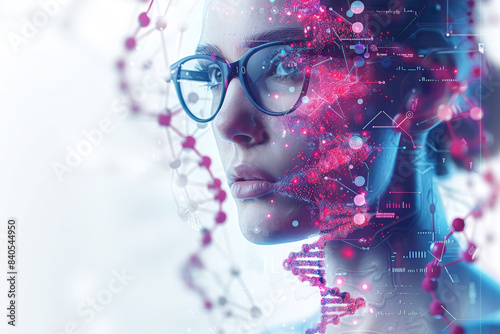Wallpaper Mural Profile of a woman with glasses integrated with digital elements and DNA strands, highlighting the connection between genetics and technology. Torontodigital.ca