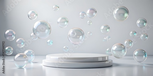   podium for product demonstration. platform on white background with soap bubbles