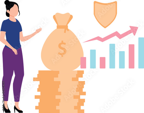 The girl is pointing at the dollar bag.