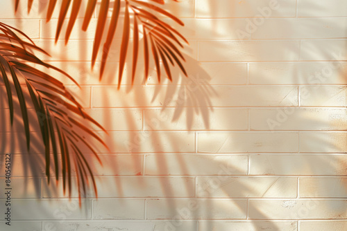 Abstract summer background with palm leafs and brick wall
