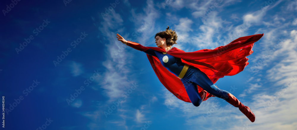 Superhero woman flying in blue skies Superhero woman flying in blue skies