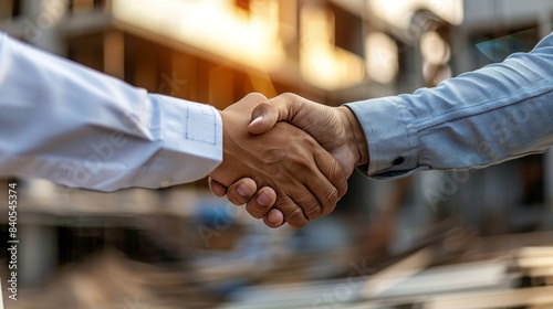 A successful deal is confirmed with a handshake between a male architect and a client on the construction site after confirming a blueprint for the renovation of a building.
