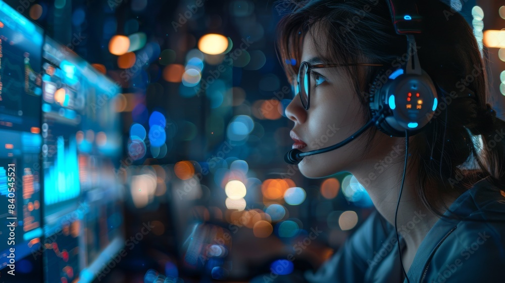 A computer screen, a call center, or a woman consulting at a telecom company's help desk. Online technical support for FAQs, customer relations management, or female insurance sales agents. A computer screen, a call center, or a woman consulting at a telecom company's help desk. Online technical support for FAQs, customer relations management, or female insurance sales agents.