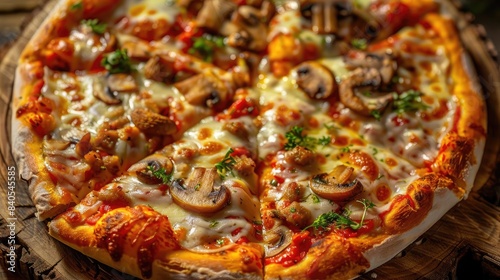 Close-up of a delicious pizza with mushroom and parsley toppings, melted cheese, and a crispy crust on a rustic wooden background.