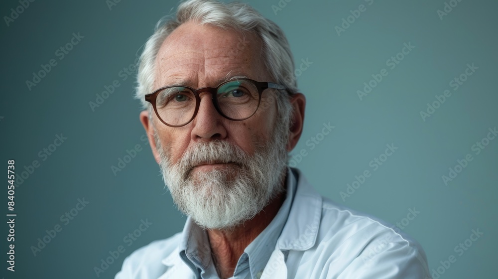 An isolated background shows a middle-aged senior hoary professional in a white coat An isolated background shows a middle-aged senior hoary professional in a white coat