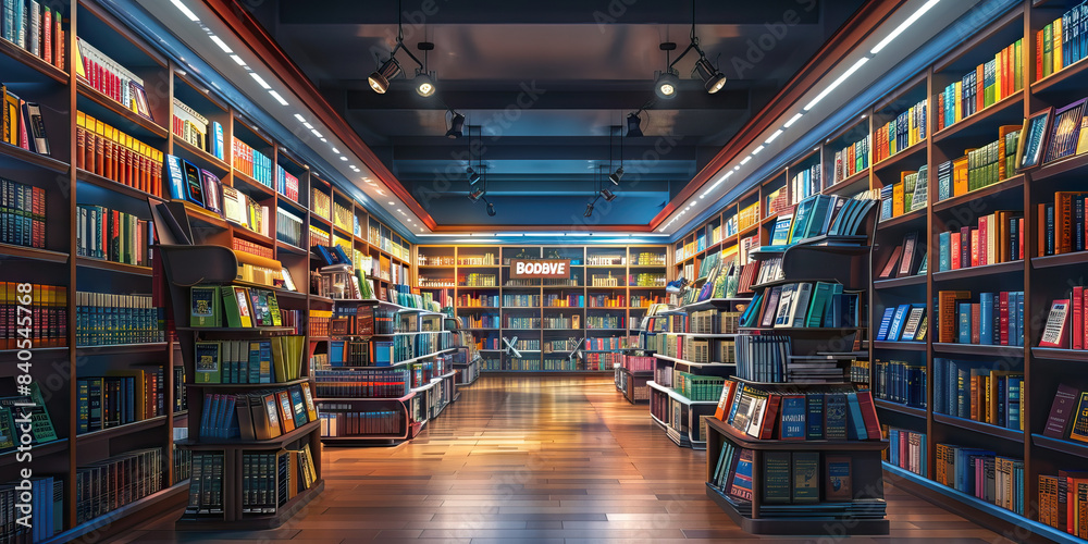 Bookstore Bargain Bonanza: Bookstore with shelves filled with discounted books, bestseller displays, and banners proclaiming Book Blowout Sale. Bookstore Bargain Bonanza: Bookstore with shelves filled with discounted books, bestseller displays, and banners proclaiming Book Blowout Sale.