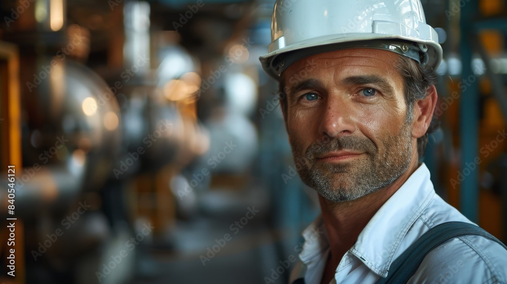 An engineering professional wearing a white safety hard hat helmet glares at the camera while working in a metal factory An engineering professional wearing a white safety hard hat helmet glares at the camera while working in a metal factory
