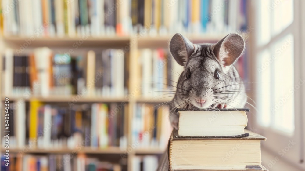 A cute chinchilla sits on a stack of books in a library setting. The bookshelves are full of books, suggesting a love of learning. The chinchilla looks directly at the viewer A cute chinchilla sits on a stack of books in a library setting. The bookshelves are full of books, suggesting a love of learning. The chinchilla looks directly at the viewer