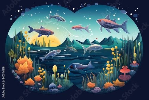 Freshwater ecosystem flat design, top view, limnology theme, animation, vivid photo