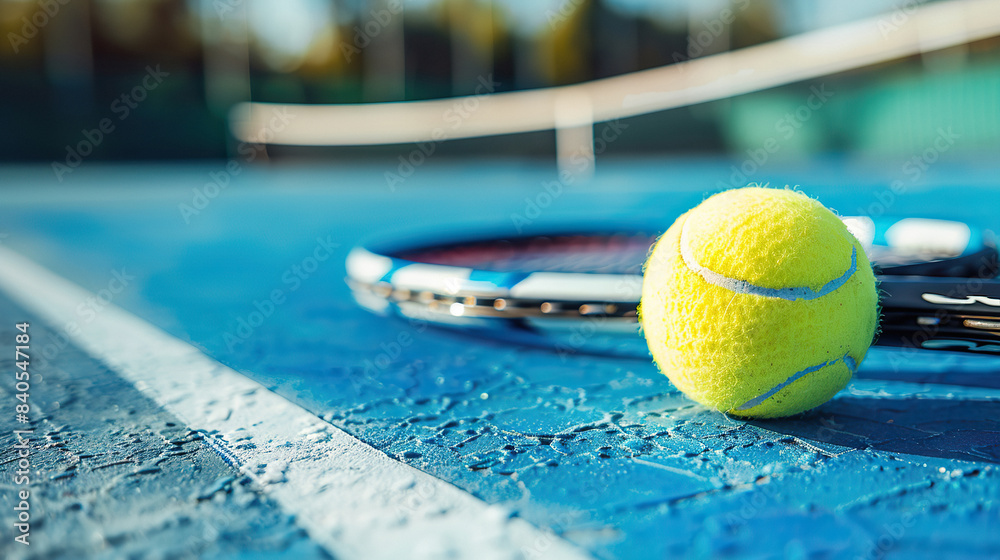 Macro photo of yellow tennis ball and professional tennis racket lying on white stripe on blue tennis court
