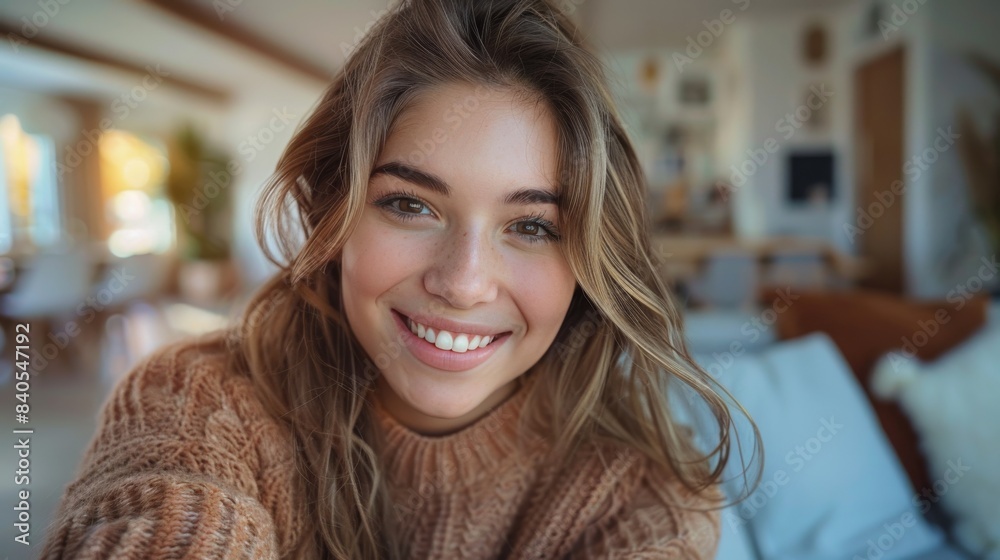 A pretty young millennial woman smiles at the camera in a modern living room while taking a selfie A pretty young millennial woman smiles at the camera in a modern living room while taking a selfie