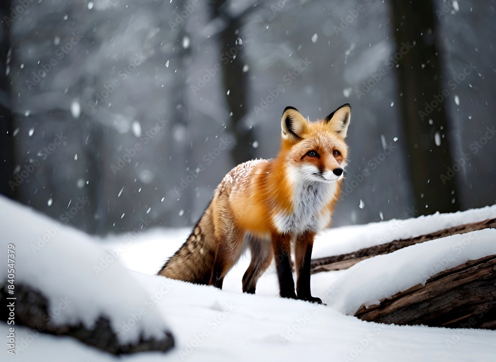 Brown fox standing alone in a pile of snow Brown fox standing alone in a pile of snow