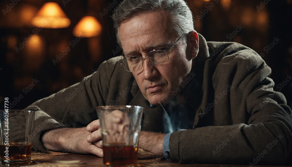 Sad man in front of a glass of an alcoholic beverage created with Generative AI technology Sad man in front of a glass of an alcoholic beverage created with Generative AI technology