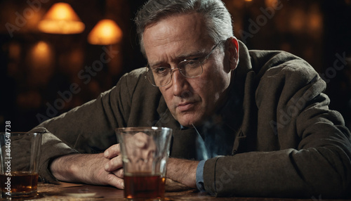 Sad man in front of a glass of an alcoholic beverage created with Generative AI technology