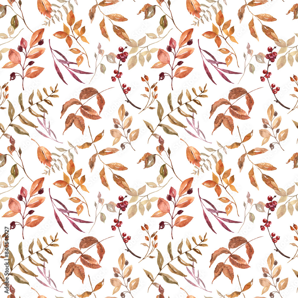 Obraz premium Watercolor autumn leaves and foliage seamless pattern on white background. Botanical fall wallpaper.