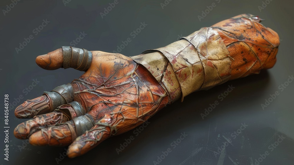 A hand with a brown bandage wrapped around it A hand with a brown bandage wrapped around it