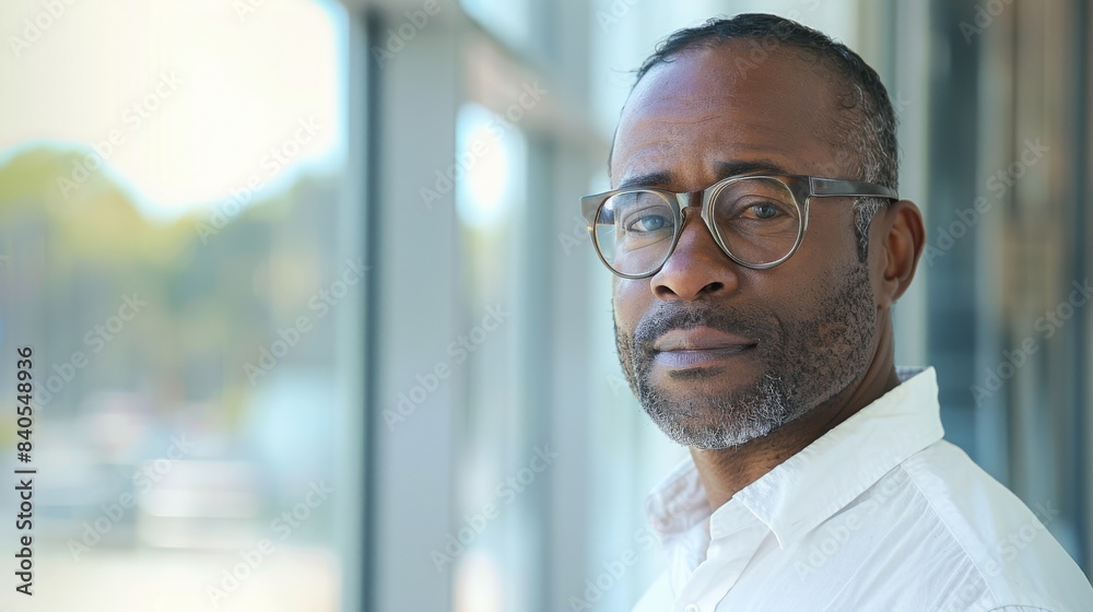 A handsome 45 year old, gentle black African American man in a modern office building, wearing a white shirt, beside a huge window, wearing glasses, with formal slick hairstyle, smooth face, and A handsome 45 year old, gentle black African American man in a modern office building, wearing a white shirt, beside a huge window, wearing glasses, with formal slick hairstyle, smooth face, and