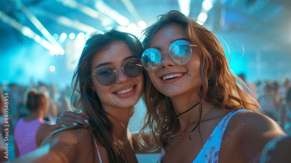 A selfie taken by two young women at an indoor concert A selfie taken by two young women at an indoor concert