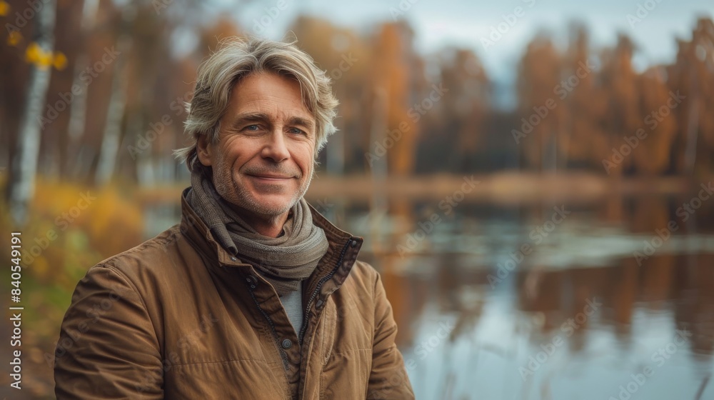 A 50-year-old Caucasian man with blonde hair exudes joy and a sense of being alive in a beautiful natural park near a lake. He wore a genuine smile on his face. A 50-year-old Caucasian man with blonde hair exudes joy and a sense of being alive in a beautiful natural park near a lake. He wore a genuine smile on his face.