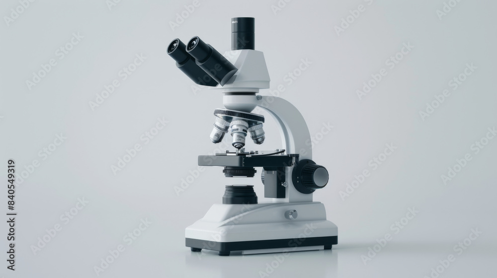 Close-up of a modern laboratory microscope with multiple lenses, used for scientific research and analysis. Close-up of a modern laboratory microscope with multiple lenses, used for scientific research and analysis.
