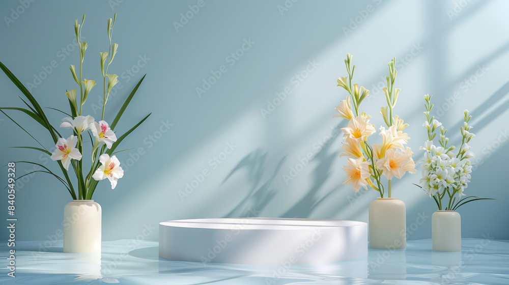 Minimal product display podium with beautiful flowers background Minimal product display podium with beautiful flowers background