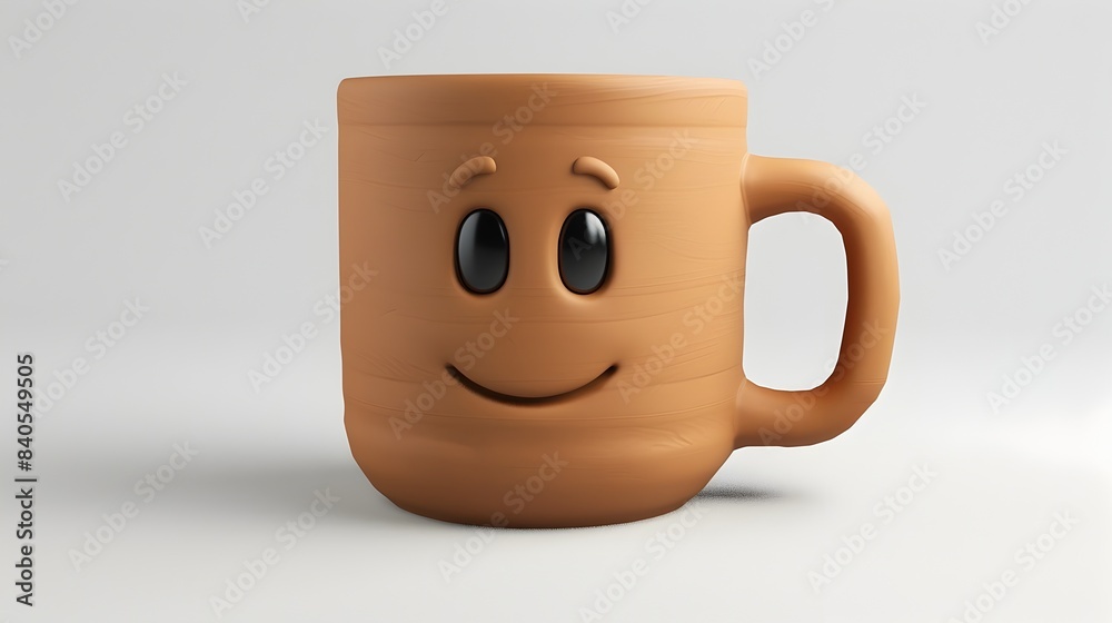 Adorable 3D Rendered Clay-Style Coffee Mug with Happy Facial Expression on White Background Adorable 3D Rendered Clay-Style Coffee Mug with Happy Facial Expression on White Background