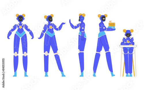 Cute female robot in different poses. Standing, presenting, high-fiving, delivering boxes, reading a book at the table. Cute android assistant. Vector flat illustration with character.