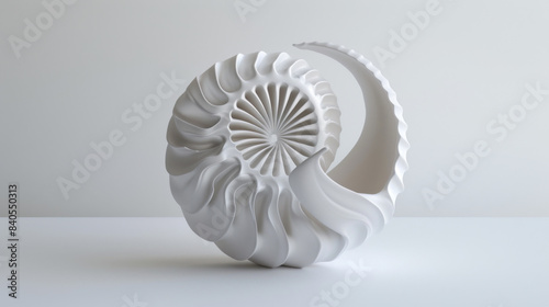 A finely crafted white nautilus shell sculpture with detailed spirals  displayed on a minimalist background.