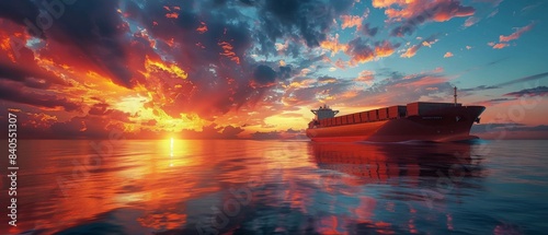 Cargo Ship Sailing At Sunset Over The Ocean