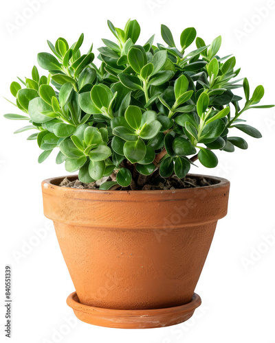 Jade Plant in Terra Cotta Pot, Dense green leaves in classic clay pot, Traditional Home Decor on a transparent background.