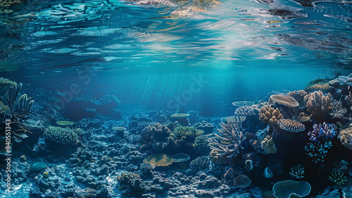 coral blue water in the ocean, oceanic view, underwater life scene, coral blue background © Gegham