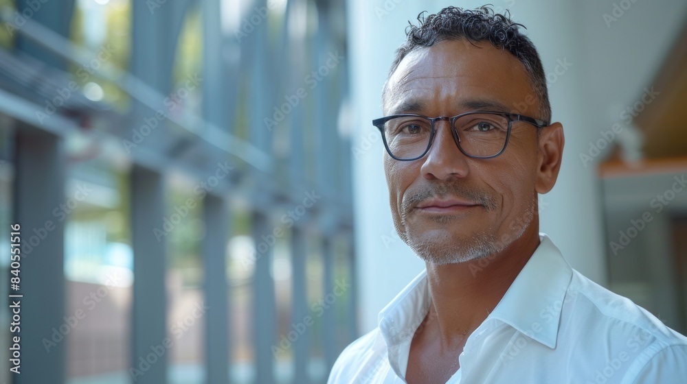 An attractive 45-year-old aboriginal Australian wearing glasses, a formal slick hairstyle, a white shirt and sitting beside a huge window in a modern office building An attractive 45-year-old aboriginal Australian wearing glasses, a formal slick hairstyle, a white shirt and sitting beside a huge window in a modern office building