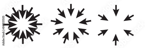 black arrows pointing to the center. Epicenter icons set. Inward arrows collection.