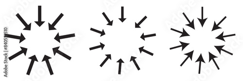 black arrows pointing to the center. Epicenter icons set. Inward arrows collection.