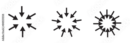 black arrows pointing to the center. Epicenter icons set. Inward arrows collection.