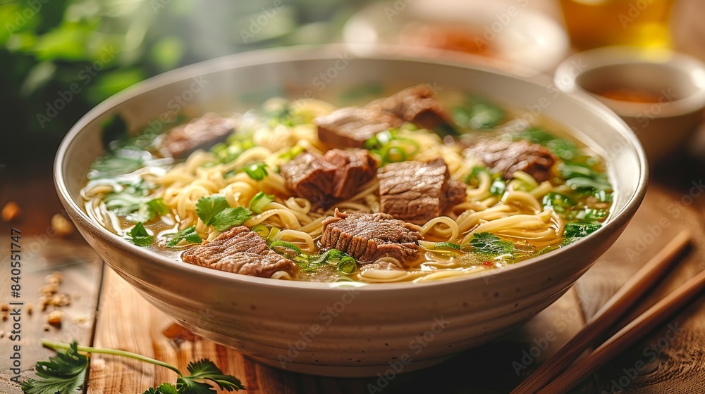 A steaming bowl of beef noodle soup on a wooden table, garnished with fresh herbs and green onions, with chopsticks resting beside the bowl. A steaming bowl of beef noodle soup on a wooden table, garnished with fresh herbs and green onions, with chopsticks resting beside the bowl.