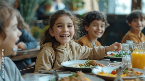 Laughing and smiling elementary school students of Europe share a meal together