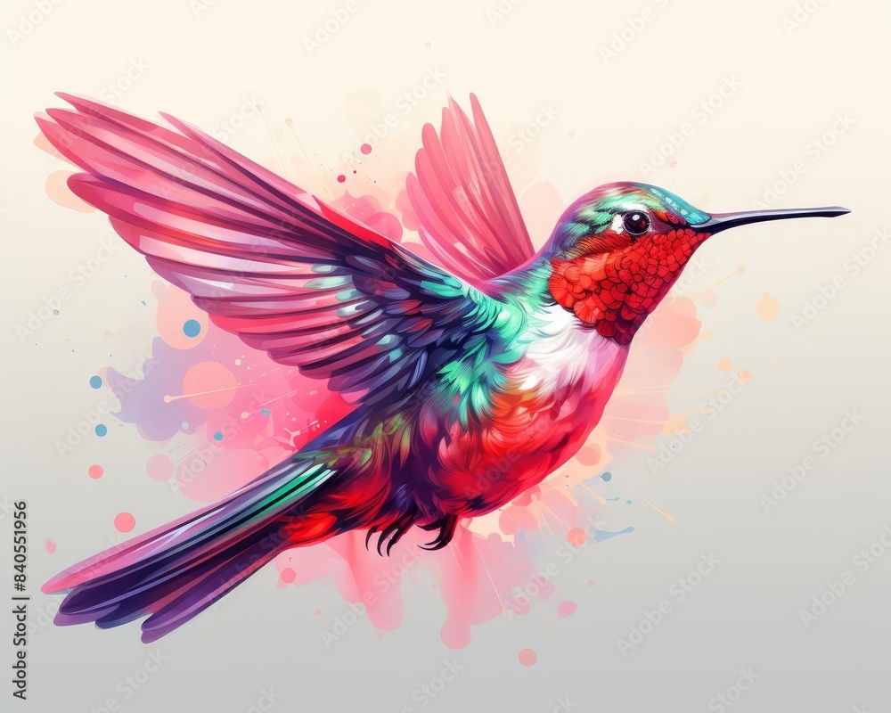Obraz premium Hummingbird pollinators flat design, side view, wildlife theme, watercolor, monochromatic color scheme
