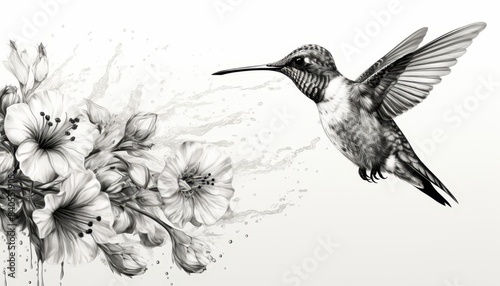 Hummingbird and nectar flat design side view feeding water color black and white photo