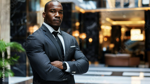 Strong African American body guard in a hotel lobby