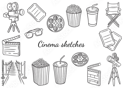 Collection of cinema equipment camera, film strip, clap board, striped carton box with popcorn, cola drink, tickets for movie watching, red carpet way, director chair. Hand drawn vector sketch.
